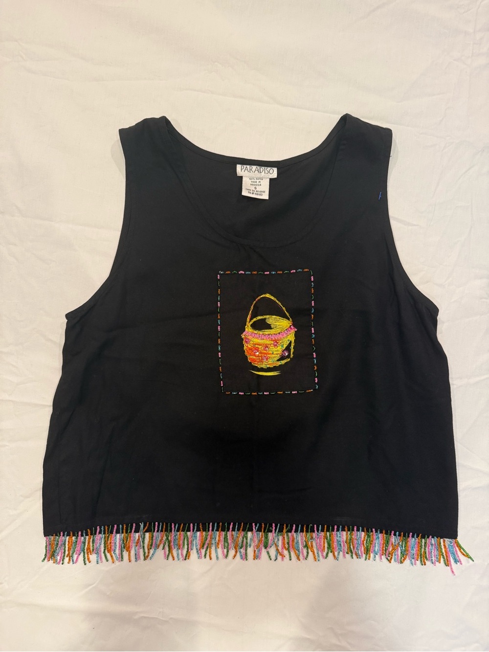 Vintage Paradiso Black Art Graphic Embroidered Fringe Tank Top 100% Rayon